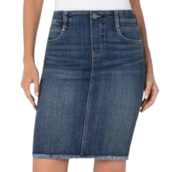 🆕Liverpool Glider Raw Hem Denim Pencil Skirt Size 8/29 Mystic Dark Wash NWT - Picture 1 of 5